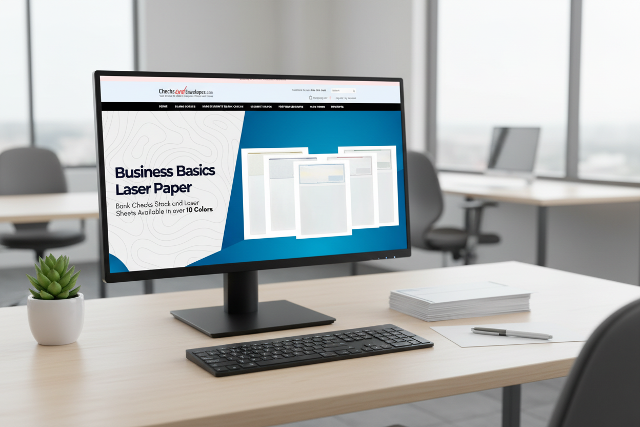 Office desk with computer and checks and envelopes